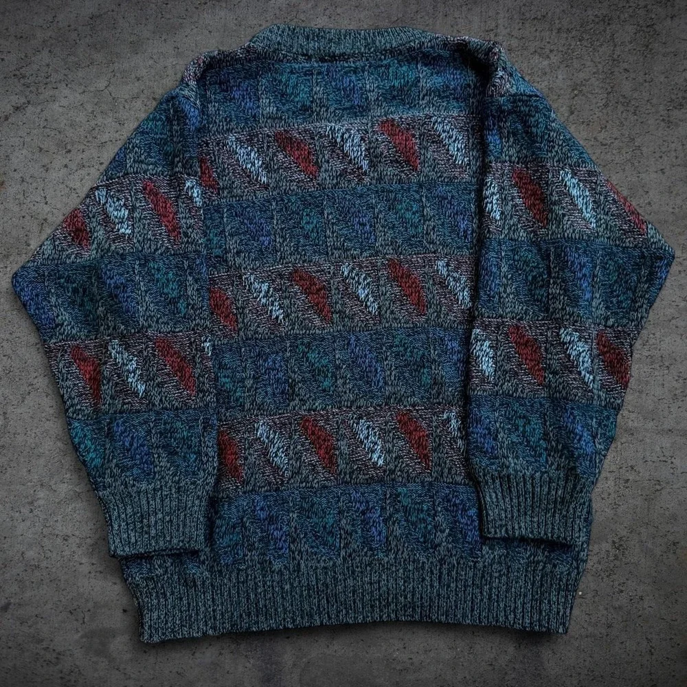Vintage 90's Geometric Knit Sweater Grandpa Cozy Fall Preppy Grunge Skate School